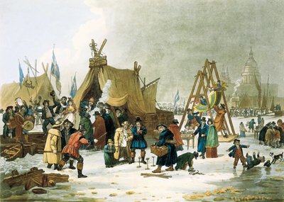 1813-1814 年冬天，泰晤士河结冰，在 1831 年拆除旧伦敦桥之前，泰晤士河在非常寒冷的冬天结冰，伦敦人趁此机会为孩子们设立了游乐场，简易的溜冰场，并设立了十个冰场。 作者 Unbekannter Künstler