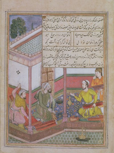 The Twenty-Seventh Night: Zarir and two other weavers sell cloth to a man holding a purse, from Tuti Nama (Tutiname) c.1580 (vellum) 作者 不明