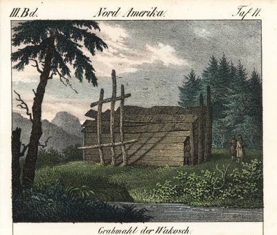 若山印第安人的木墓（加拿大）。为书籍平版印刷：Friedrich Wilhelm Goedsche（1785-1863 年）著，迈森版（德国）"Galerie complete en tableaux fideles des peuples d