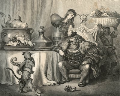 靴猫遇到食人魔。古斯塔夫-多尔（Gustave Dore，1832-1883）的版画，出自查尔斯-佩罗（Charles Perrault，1628-1703）的《Les contes》。 作者 不明