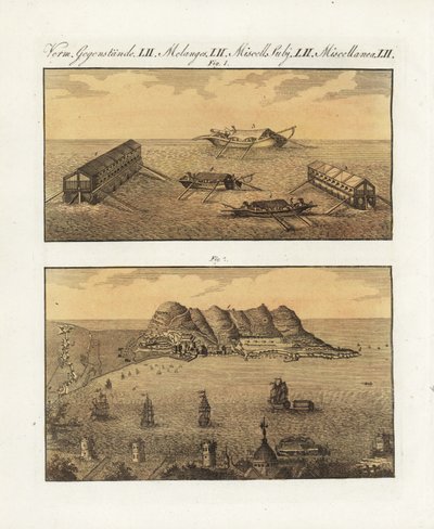 1782 年直布罗陀英军的浮动炮台。法国工程师阿贡设计的一艘两层 210 门火炮的驳船和另一艘单层驳船，用于轰炸城市。直布罗陀的英国海军浮动炮台 作者 未知艺术家