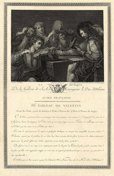音乐奥尔良公爵阁下画廊的雕刻，取材于画家勒-瓦伦丁（Le Valentin）的一幅画。 作者 未知艺术家