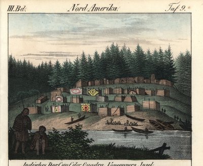 加拿大温哥华岛印第安人绘制的木屋村。为书籍平版印刷：Friedrich Wilhelm Goedsche（1785-1863 年）著，迈森版（德国）"Galerie complete en tableaux fideles des peuples d