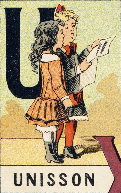 U：团结--取自ABCD des petites filles的雕版。Pellerin & Cie，印刷-出版商，Epinal，约1890年。A系列。尺寸：19 x 13,5厘米。 作者 不明