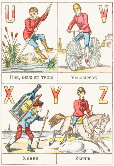 UVXYZ; U：一，二和三； V：oci脚虫X：施乐； Z：Zephir-游戏字母，约1890年（雕刻） 作者 不明