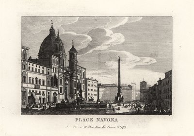 纳沃纳广场 (Piazza Navona) 的景色，拥有喷泉、埃及方尖碑和罗马 Agone 的圣艾格尼丝教堂 作者 不明