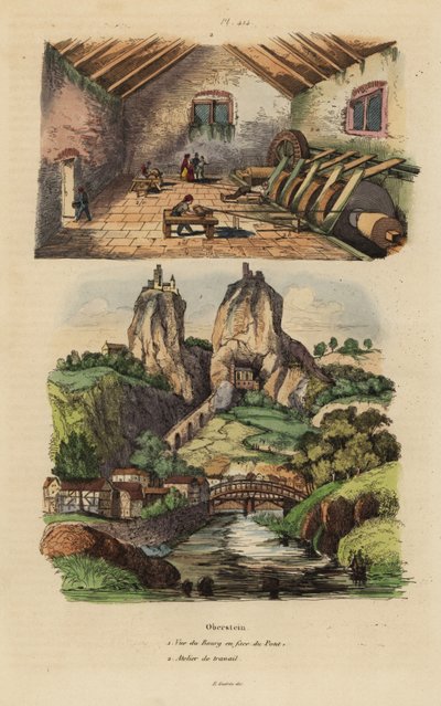 Oberstein 1 的城镇、桥梁和峭壁教堂的景色，以及玛瑙和碧玉宝石抛光厂 2 的景色 作者 不明