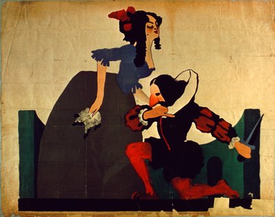 男人跪在女人脚前的老式海报，莎士比亚绘画（彩色石版画） 作者 不明