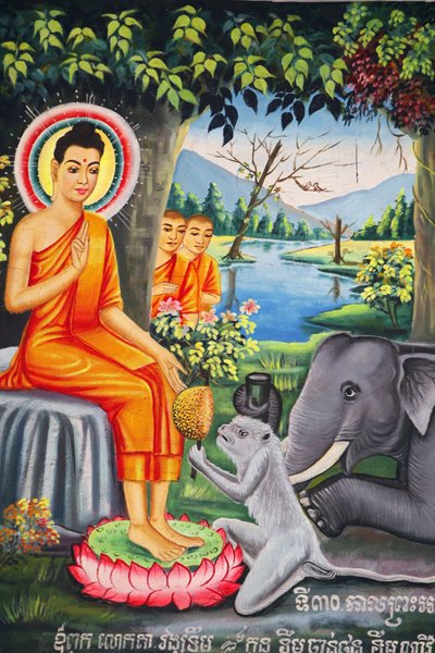 在Wat Pitchey Udong的壁画：佛祖的生活场景。佛祖在斋戒时被猴子喂食 柬埔寨贡布市 作者 不明