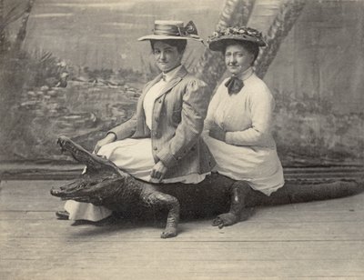 坐在鳄鱼毛绒玩具上的妇女，约 1905 年（黑白照片） 作者 未知艺术家