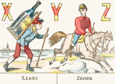 X Y Z : Xeres, Zephir - 一个男孩背着一大瓶酒，一个骑手在他的马上疾驰，名叫 Zephyr - Games Alphabet，c.1890（雕刻） 作者 不明
