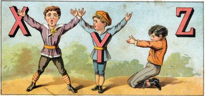 模仿身体姿势的 X Y 和 Z 字母。 雕刻在“Alphabet des petits ecoliers”上。Epinal 的成像，大约 1885 年。Privee 收藏 作者 不明