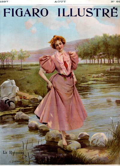 穿越小溪的年轻女子--选自《费加罗插图》，1897 年 8 月。 作者 未知艺术家