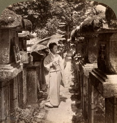1904年，日本奈良春日神社，一位女性神道教信徒数着石灯笼。 作者 安德伍德和安德伍德