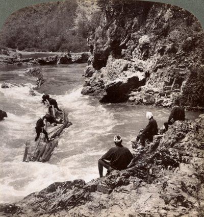 男子乘坐木筏，在日本京都的桂河上射击了保津急流，1904年 作者 安德伍德和安德伍德