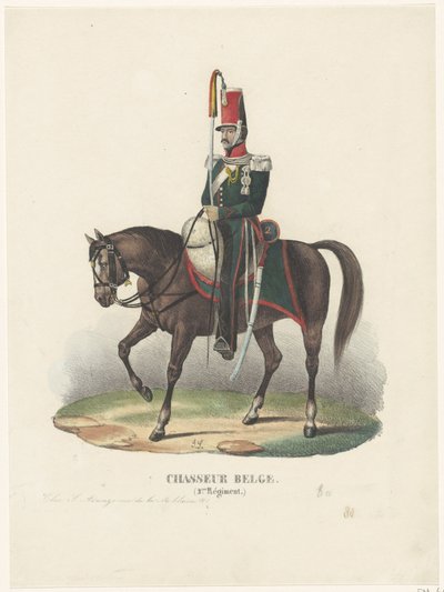 比利时志愿猎人，1830 年
Chasseur Belge (2.me Régiment)（物品上的标题） 作者 不明