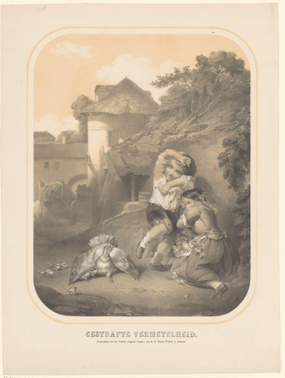 Kip verdedigt haar kuikens tegen twee kinderen Gestraffe vermetelheid (title on object) 作者 不明