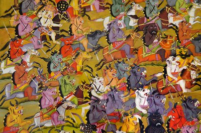 马尔瓦画：来自恶魔的细节准备战斗女神杜尔加，rnMehrangarh堡宫博物馆，印度拉贾斯坦邦，印度 作者 不明