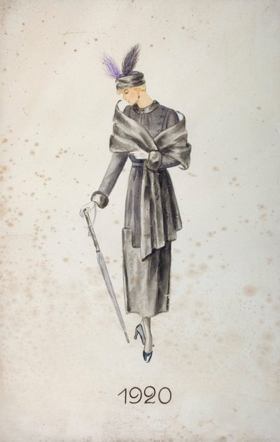 穿着大衣和带羽毛的帽子，拿着雨伞的模特，1920年 作者 不明