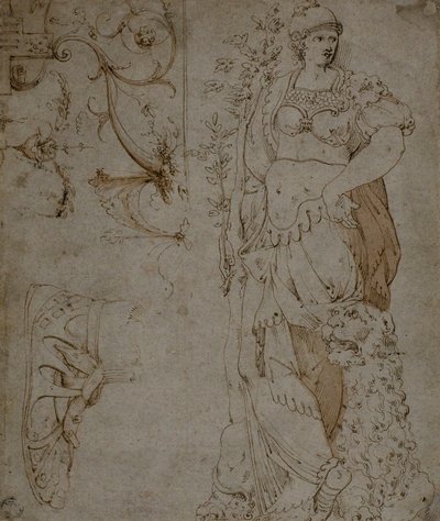 三幅素描：毅力、凉鞋和怪人（正面）；怪人素描和罗马铠甲（背面） 作者 不明