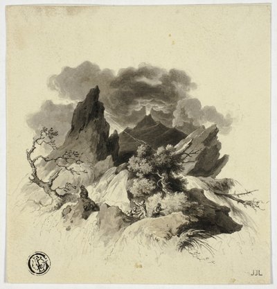 山中狂风暴雨，远处火山喷发 作者 不明