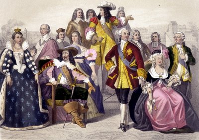 1610年至1774年。玛丽-德-美第奇、路易十三、路易十五、玛丽-安托瓦内特和路易十六。19世纪的雕版画。 作者 未知艺术家