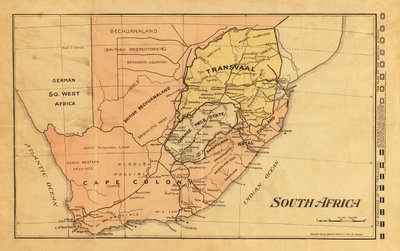 1899 年第二次布尔战争期间的南非地图（彩色雕刻） 作者 未知艺术家