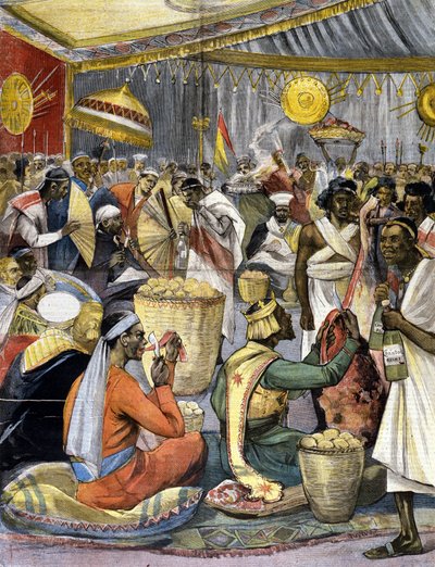 A banquet at the court of King Menelik II (1844 - 1913) in Ethiopia. Ill. for the late 19th century press. 作者 未知艺术家