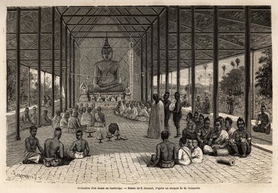 在柬埔寨吴哥附近的一座寺庙里举行的和尚受戒仪式。 说明印度支那探险之旅的版画，由弗朗西斯·加尼尔 (Francis Garnier) 于 1866-1868 年创作，发表于“Le tour du monde””，1870-1871 年编辑 作者 Unknown artist