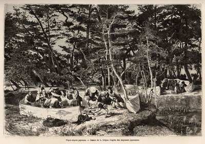 江户（今东京）郊区的资产阶级野餐（或野餐），在一个织物围栏内，客人，通常是两个家庭）分享他们的食物，并且经常适合音乐家、舞者和哑剧的场合。说明航行的雕版画ag 作者 未知艺术家