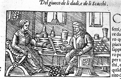 一对夫妇在玩骰子。 奥劳斯·马格努斯 (Olaus Magnus) 于 1560 年在罗马创作的《Historia de gentis septemtriionalis》之后的雕刻。 作者 未知艺术家