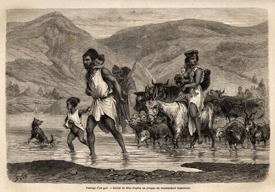一家 Kabyle 牧羊人穿过 Wadi Djema 前往该地区最重要的 Beni Menguellet 游行； 一家之主首先冒险，其次是他的家人和他的牛群，首先是羊，然后是大部分牛。 英 作者 未知艺术家