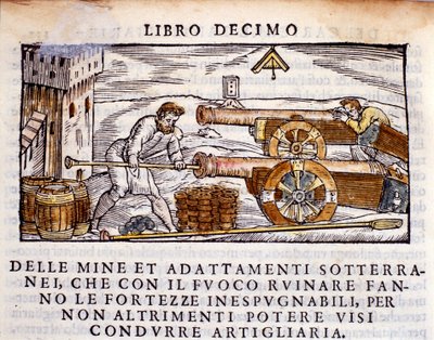 一名炮手在给枪装炸药。 Vannoccio Biringuccio (1480-1539) 1550 年从冶金挤奶“De la Pyrotechnia”（或 Pirotechnia）中雕刻而成。 作者 未知艺术家