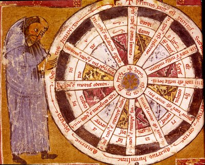 宗教生活之轮附近的修道士 Hugo de Sancto Victore（圣维克多的休）（约 1096-1141）“作品”的缩影（约 1096-1141 年），12 世纪，克雷莫纳，Biblioteca Governativa 作者 未知艺术家