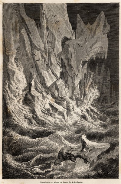 A polar bear derive on an iceberg, after the collapse of a block of ice from Spitzberg, an archipelago of the Arctic Ocean, drawing by V.Foulquier, to illustrate the Spitzberg in 1838-1839, by Charles Martins. Engraving in “” Le tour du monde””, edited by  作者 未知艺术家