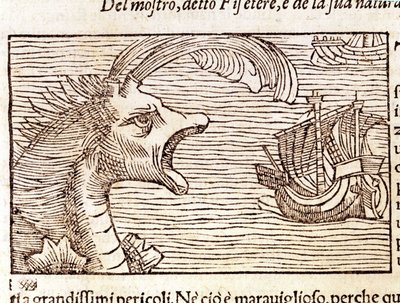 A sperm whale (?) (physeter) attacks a ship. Engraving by Olaus Magnus (1490 - 1557), Swedish religious and geographer, “Historia de Gentis Septentrionalibus”, Venice 作者 未知艺术家