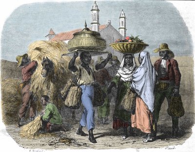 古巴的旅行面包商，1870 年的版画 作者 未知艺术家