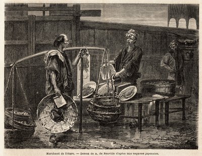 A walking frying merchant, carries his donuts on baskets, and travels to the market to sell, to the other merchants, lunch. Engraving to illustrate the voyage to Japan, in 1863-1864, by Aime Humbert, minister of the Swiss Confederation, in “Le tour du mond 作者 未知艺术家