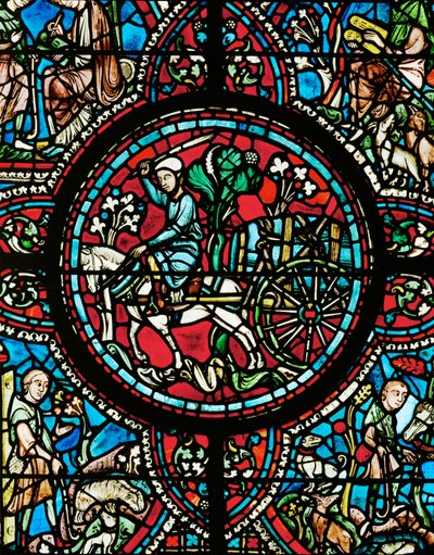 酒商用结实的绳子将一桶酒绑在车上运送（彩色玻璃）。 作者 未知艺术家