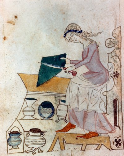 一个年轻女子正在磨刀。取自普罗旺斯 "Dis des philosophes "类型手稿的微型画（MS Palat. 586） 14世纪佛罗伦萨国家图书馆 作者 未知艺术家