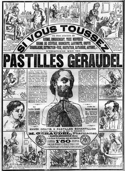 药剂师Arthur Geraudel (1841-1906) a Sainte-Menehould (圣梅尼奥德)的Geraudel药片广告，用于防治咳嗽。载于 "Le monde illustrious "的版画 作者 未知艺术家