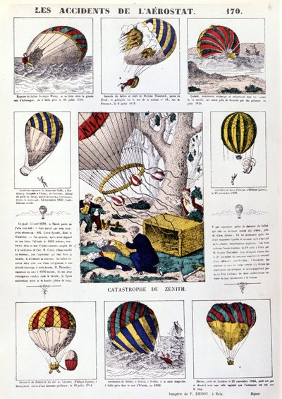 浮空器事故。 19 世纪插图图表。 作者 未知艺术家