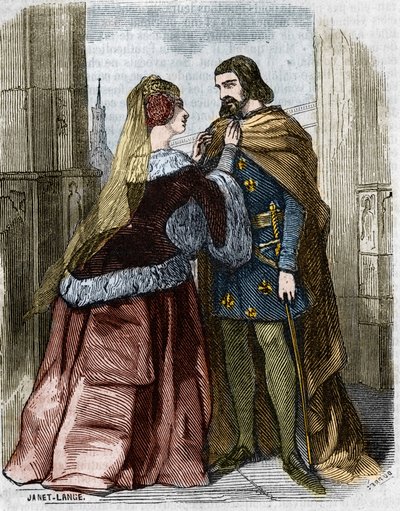 艾格尼丝-索雷尔（1422-1450）（Beaute sur Marne女士）（Beaute-sur-Marne）和法国国王查理七世在朱米埃热修道院。19世纪的雕版画。 作者 未知艺术家