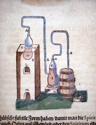 炼金术：蒸馏装置，摘自 Pietro Andrea Mattioli (Matthiole) (1500-1577) 的一本书。 法兰克福 作者 未知艺术家