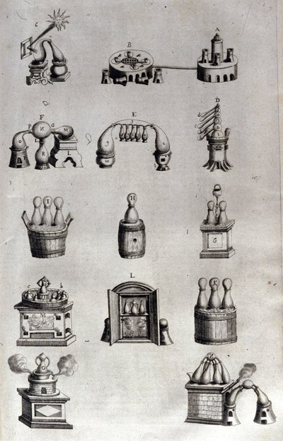 炼金术：代表不同型号的蒸馏设备和蒸馏器的板子。Athanase Kircher（或Athanasius Kircheri 1602-1680），德国耶稣会会员。17世纪的雕版画。 作者 未知艺术家