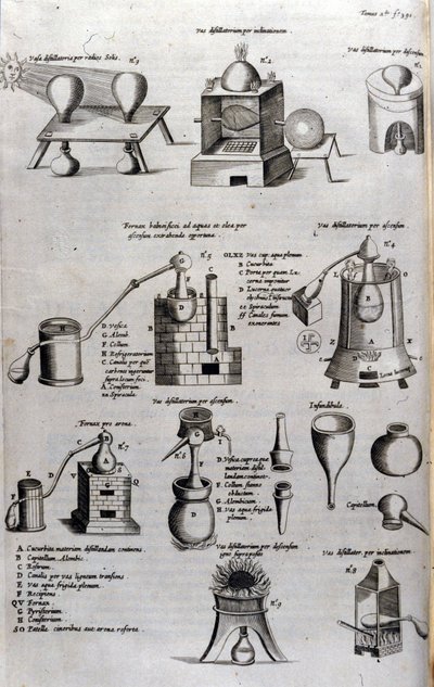 Alchemy: board representing different models of distillation apparatus and stills. Athanase Kircher (or Athanasius Kircheri 1602-1680), German Jesuite. 17th century engraving. 作者 未知艺术家
