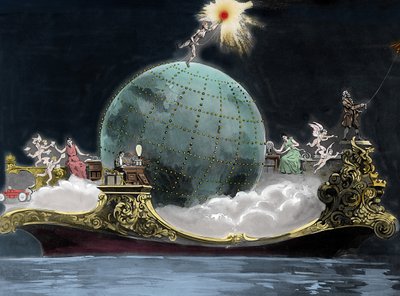 关于与电力相关的科学技术进步的寓言：全球代表意大利物理学家古列尔莫·马可尼（1874-1937），电报的发明者，无线电报站上的女人，左边是本杰明 作者 未知艺术家