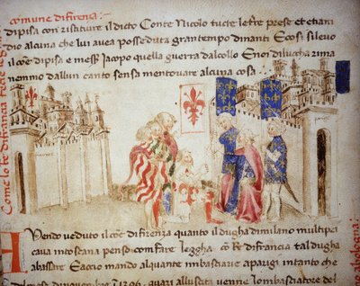1396 年法国国王查理六世与佛罗伦萨公社的联盟 - 在“Croniche del Sercambi”中，大约 1400 年。国家档案馆，卢卡。 作者 未知艺术家