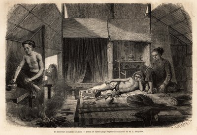 拉孔（老挝）的安南派内部。 插图说明印度支那探险之旅的版画，弗朗西斯·卡尼尔 (Francis Garnier)，维索中尉，1866-1868 年，发表于“世界之旅”””1870-1871 年，爱德华·查顿编辑，哈歇特版，宾夕法尼亚州 作者 未知艺术家