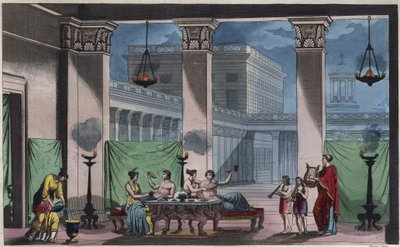 古希腊--Triclinium--来自 "宇宙中所有民族的用途和习俗 "的雕刻品。或《从最遥远的时代到今天所有国家的政府、法律、民兵、宗教的历史》1856年 作者 未知艺术家